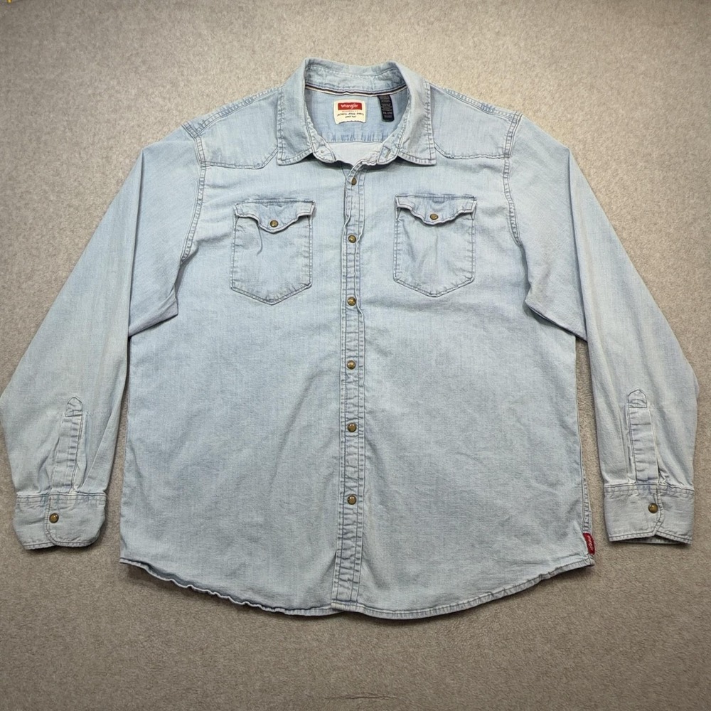 Wrangler Shirt Mens XXL Blue Long Sleeve Pearl Snap Denim Light Wash Western